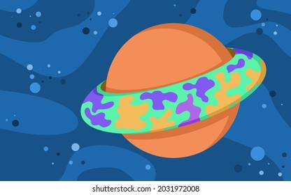 The large sun with a planet ring orbiting on space background, space vector background flat illustration design.