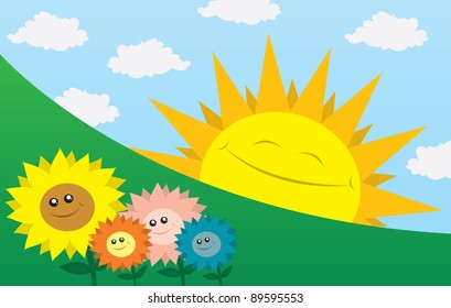 Large sun smiling sideways with flowers in the foreground.