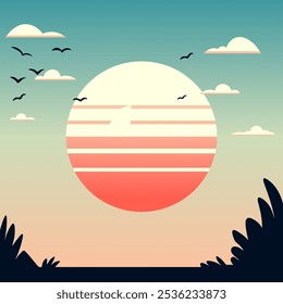 Una Grande puesta de sol sobre un horizonte estilizado en una Ilustración vectorial limpia y minimalista. Ideal para diseños de paisajes, exteriores y viajes.