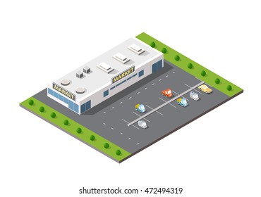Large supermarket shopping 3d commercial center with shops and offices with parking a big city car