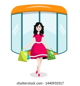 Large supermarket store. Shopping for food and clothing. Vector flat character on white background. Beautiful girl comes out of the store with shopping.