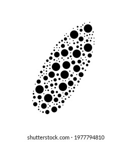 A large surf board symbol in the center made in pointillism style. The center symbol is filled with black circles of various sizes. Vector illustration on white background