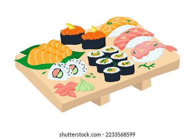 Large sushi set on a wooden plate. vector illustration