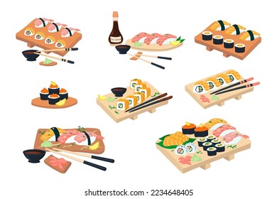 Un gran sushi sobre un plato de madera. ilustración vectorial