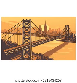 Large suspension bridge crossing water towards distant city skyline during golden hour atmospheric sunset scene with deep shadows vector art.