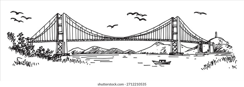 Grande ponte de suspensão que se estende sobre a água com barco e montanhas ilustração vetor