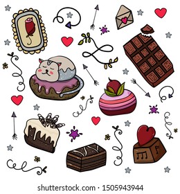 Large sweet set of cakes. Collection of desserts and pastries for Christmas, New Year, Valentine's Day. - Vector. Vector illustration