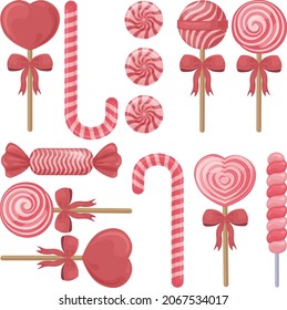 A large sweet set of Christmas candies of various shapes. Lollipops on a stick. Holiday sweets. Caramel candies. Sweet New Year s dessert. Vector illustration