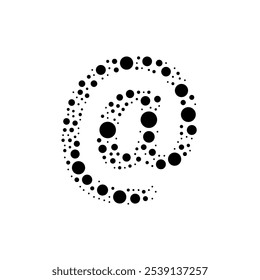 A large at symbol in the center made in pointillism style. The center symbol is filled with black circles of various sizes. Vector illustration on white background