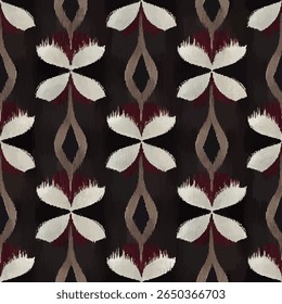 Large, symmetrical white flowers with long petals on a black background. grunge lines ikat pattern, ikat seamless pattern, Vector illustration background for print the paper.