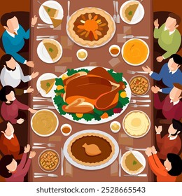 A large table covered with classic Thanksgiving dishes—roasted turkey, mashed potatoes, pies—surrounded by people giving thanks. Warm lighting and a cozy atmosphere.