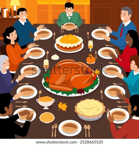 A large table covered with classic Thanksgiving dishes—roasted turkey, mashed potatoes, pies—surrounded by people giving thanks. Warm lighting and a cozy atmosphere.