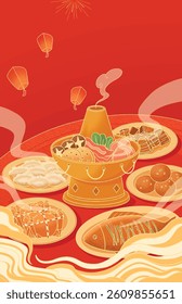 A large table of dishes Chinese style poster