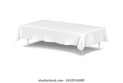 Large table with metal legs covered with white blank tablecloth realistic vector mock-up. Mockup template for design