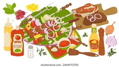 A large table is set for a picnic. Plate with meat and vegetables on skewers. Marinated steaks and sauces for an outdoor summer party. Vector illustration isolated on transparent background.