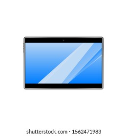 Large tablet with a blue screen on a white background