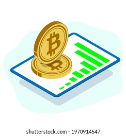 Large tablet top view with a graph of the growth of trades. De large gold volume coins of digital cryptocurrency bitcoin. The price is rising. Isometric view 3d illustration