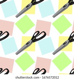 Large tailor's scissors for sewing with zigzag blades and black handles lie on three colorful shreds. Vector illustration - isolate on a white background. Seamless pattern