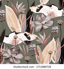 Large tan flowers, inflorescences, buds and lotus leaves, Strelitzia and Proteus on a beige grey background. Vector seamless floral illustration. Square repeating design template for fabric, wallpaper