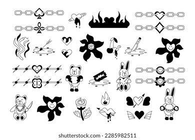 Large tattoo set in the style of the 90s, 2000s. Black and white doodle vector illustration.