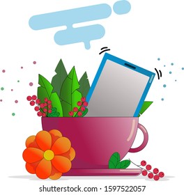 a large tea mug with green leaves and red berries on the table. phone in the mug. vector illustration.