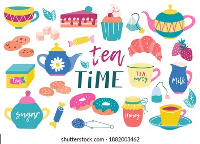 Large tea set. Teapots, hand-drawn cups. Sweets, candies, cookies, cake. Breakfast, tea party. Vector flat image on a white background