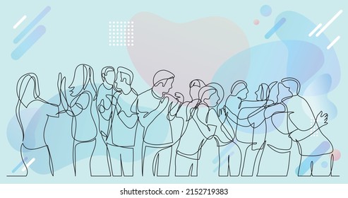 large team friends cheering   celebrating success    one line drawing
