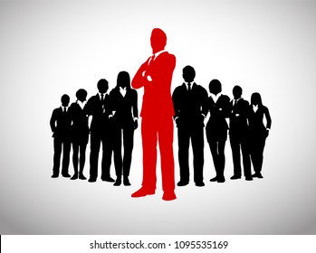 A large team of successful executives in silhouettes led by a great leader in red who stands in front of them.