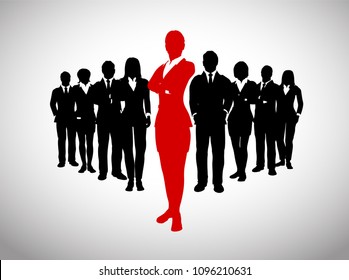 A large team of successful executives in silhouettes led by a great bold Female leader in red who stands in front of them.