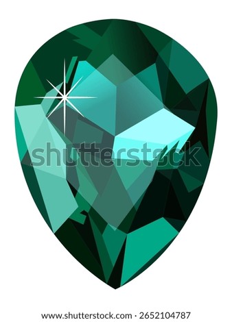 Large teardrop shaped emerald gemstone featuring intricate facets reflecting light and creating a dazzling sparkle against a pristine white background, embodying luxury and elegance