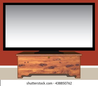 Large television resting on old fashioned cedar chest