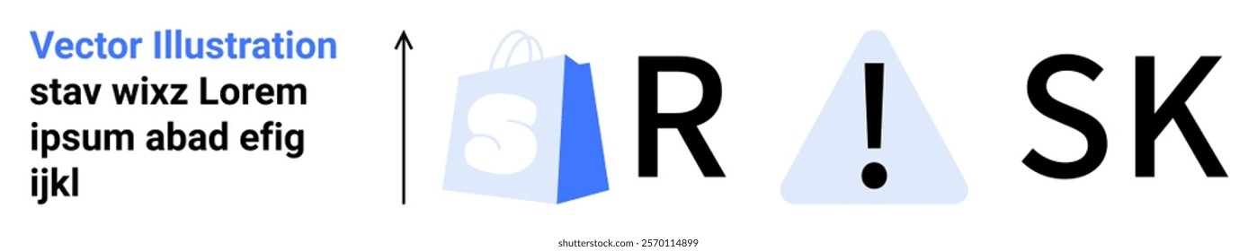 Large text spells RISK with a warning triangle and shopping bag icon replacing letters. Ideal for e-commerce, financial risk management, business strategy, safety alerts, and educational resources