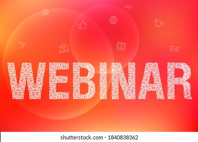 Large text WEBINAR on a red background with glow. Webinar on the background of modern icons. Watching video lessons. Online training.