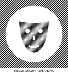 A large theatrical mask in the center as a hatch of black lines on a white circle. Interlaced effect. Seamless pattern with striped black and white diagonal slanted lines