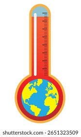 Grande termômetro exibindo temperaturas extremamente altas com o planeta Terra fechado, simbolizando as questões prementes do aquecimento global e das mudanças climáticas que afetam o meio ambiente