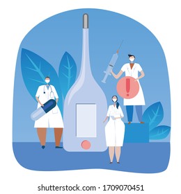 Un gran termómetro y pequeños doctores con pastillas o medicinas para el tratamiento y plantas o hojas en el fondo. ilustración plana del vector con un médico o médicos como concepto de terapia