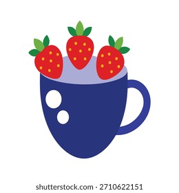 a large thick line tea cup surrounded by strawberry