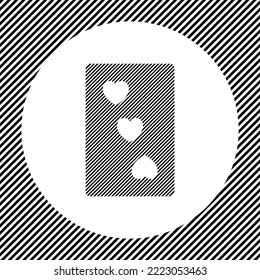 Un gran trío de corazones jugando cartas en el centro como un tramo de líneas negras en un círculo blanco. Efecto entrelazado. Patrón sin soldadura con líneas diagonales rayadas en blanco y negro