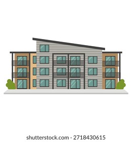 Grande complejo de apartamentos verdes de tres niveles con múltiples unidades y balcones para la vida urbana.