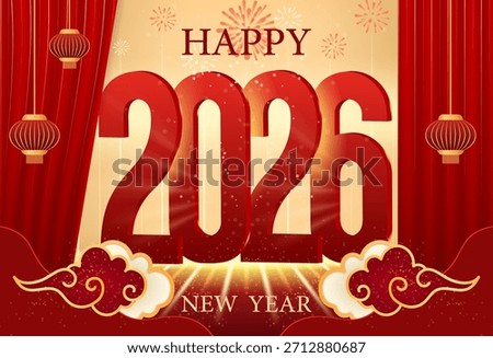 Large, three-dimensional red numbers 2026 illuminated from behind by lights and fireworks in the middle of a stage with open red curtains. Happy New Year.Lunar New Year
