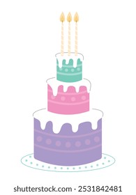 Large three-tier cake for Happy Birthday party vector flat illustration