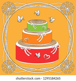 Large three-tiered birthday cake with decor and flying bees nearby. The image is in an elegant vintage frame. Vector illustration