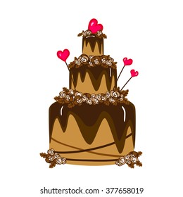 Large three-tiered biscuit chocolate cake with glazing, decorated with cream roses and caramel hearts, isolated on a white background. Vector graphics.