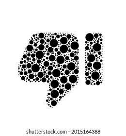 A large thumb down symbol in the center made in pointillism style. The center symbol is filled with black circles of various sizes. Vector illustration on white background