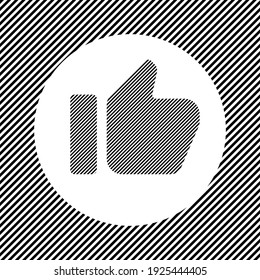 Ein großes Daumen-up-Symbol in der Mitte als Luke von schwarzen Linien auf einem weißen Kreis. Interlaced-Effekt. Nahtloses Muster mit gestreiften, schwarz-weißer diagonaler Linie