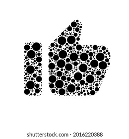 A large thumb up symbol in the center made in pointillism style. The center symbol is filled with black circles of various sizes. Vector illustration on white background