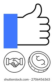 Large thumbs up with blue sleeve, small handshake circle logo, and money coin icon. Ideal for business agreements, financial success, partnerships, collaborations, positive feedback, growth