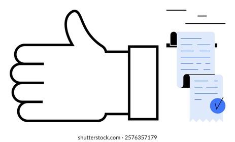 Large thumbs up and a sheet of paper with a blue checkmark. Ideal for concepts of approval, positive feedback, validation, task completion, and achievement. Minimalist flat style, easy to understand