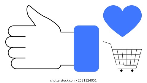 Large thumbs up symbol, blue heart icon, shopping cart. Ideal for social media, online shopping, e-commerce, marketing, customer satisfaction. Simple and minimalistic style