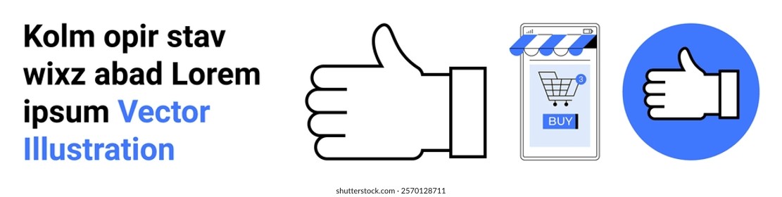 Large thumbs-up hand gesture next to an online shopping cart on a smartphone screen and a smaller thumbs-up icon in a circle. Ideal for e-commerce, approval, mobile shopping, online stores